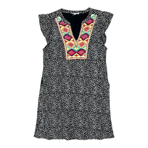 THML Black Pebbled Boho Embroidered Cheyenne Shift Dress M - Picture 1 of 4